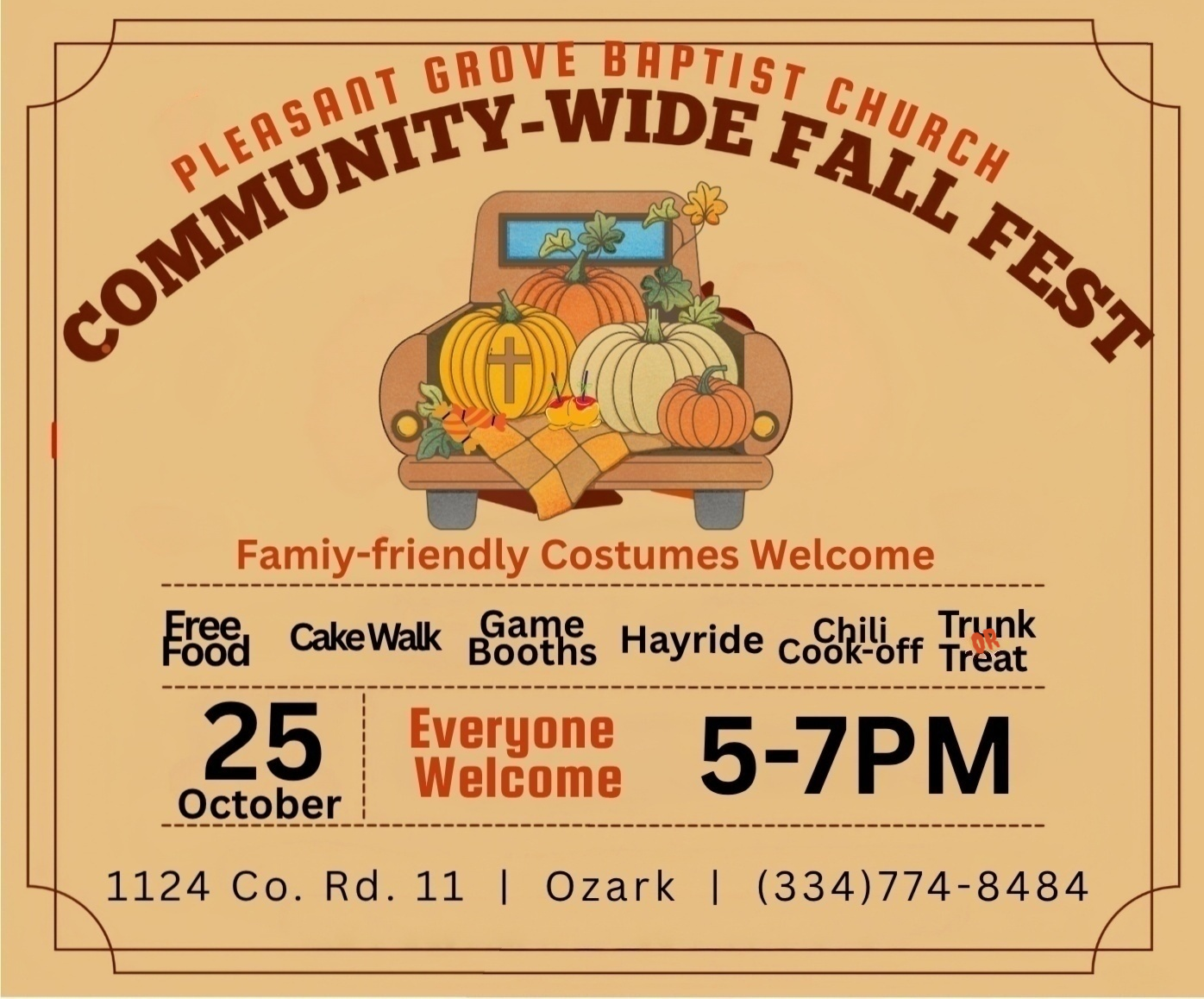 Community-Wide Fall Fest — October 25, 5–7 PM. Free food, cake walk, game booths, hayride, chili cook-off, trunk or treat